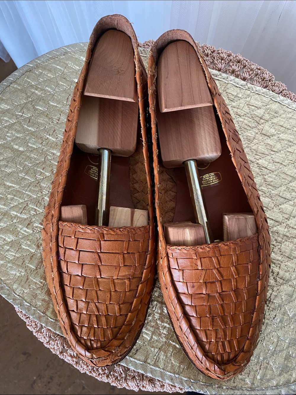 Vintage 90’s Men's Woven Leather Slip-On Loafers in Tan/Cognac Size 12 M